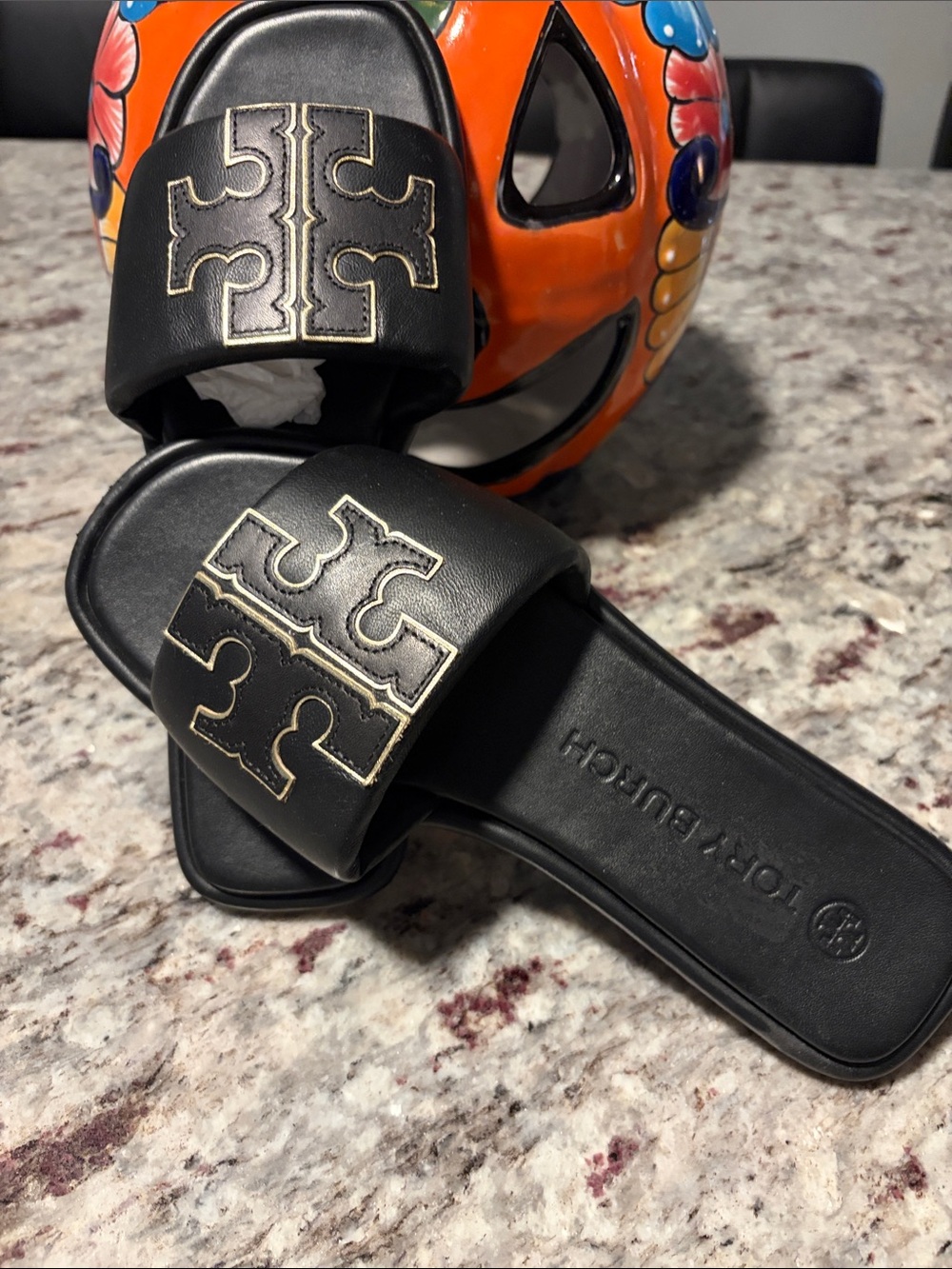 Tory Burch Black Slide Sandals with Gold Logo Accent